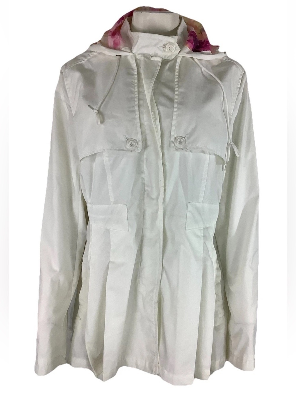 Nanette Lepore Sx XL Hooded Zipped Pleated Modern Look Rain Jacket White